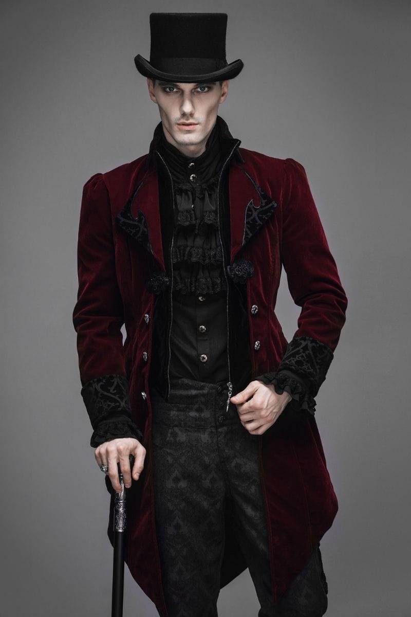 gothic male in a dark red victorian tailcoat and top hat