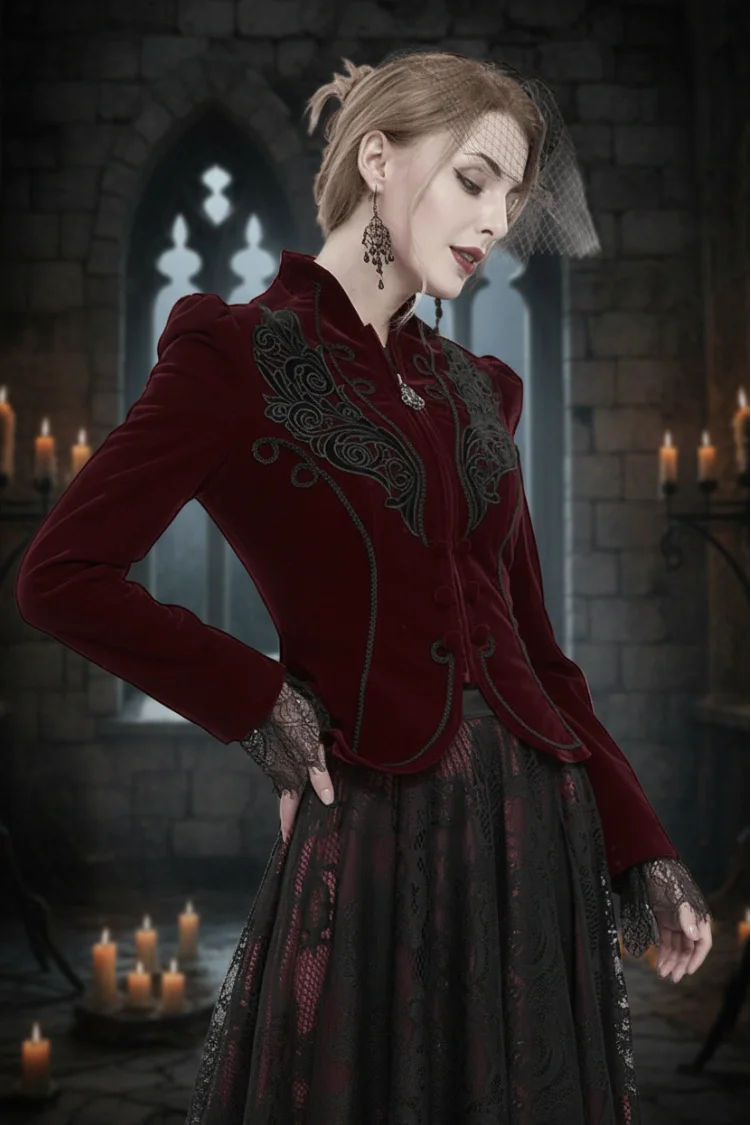 woman in a dark red velvet gothic victorian jacket inside a castle