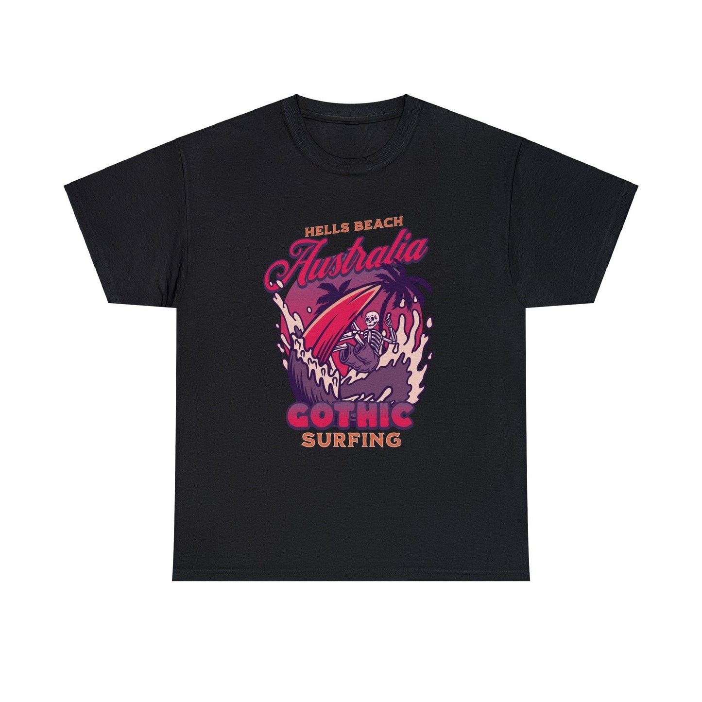 women's Hells Beach Australia Gothic Surfing black Gildan 5000 t-shirt in reds, purples, halloween oranges featuring a board short wearing skeleton catching a wave under a full moon, laid out t-shirt