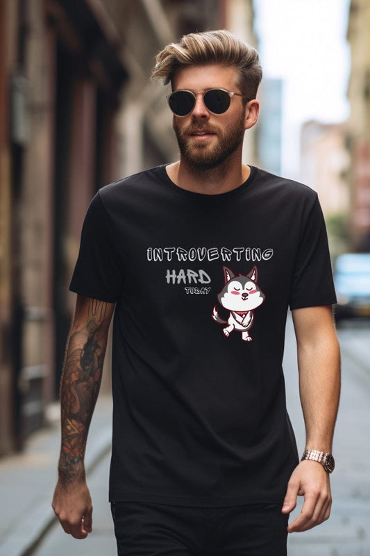 hipster guy wearing the Introverting Hard today tshirt