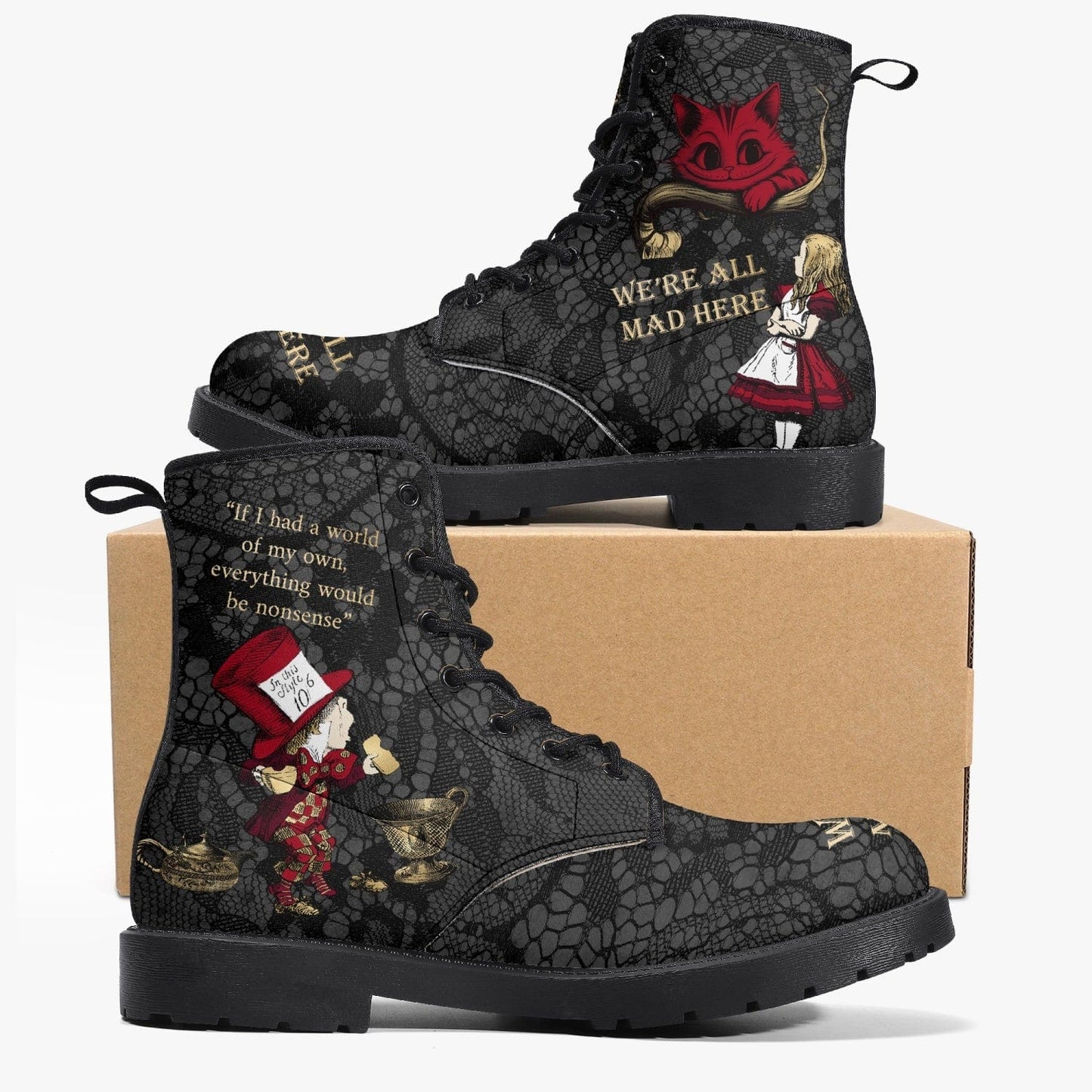 gothic Alice in Wonderland faux leather boots featuring a gothic lace background and Alice Quotes 1