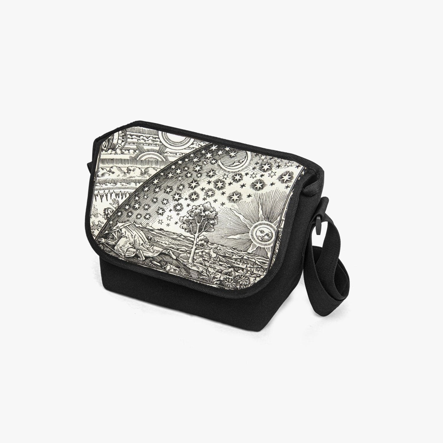 Flammarion engraving print in black and cream on a black canvas messenger bag at Gallery Serpentine 2