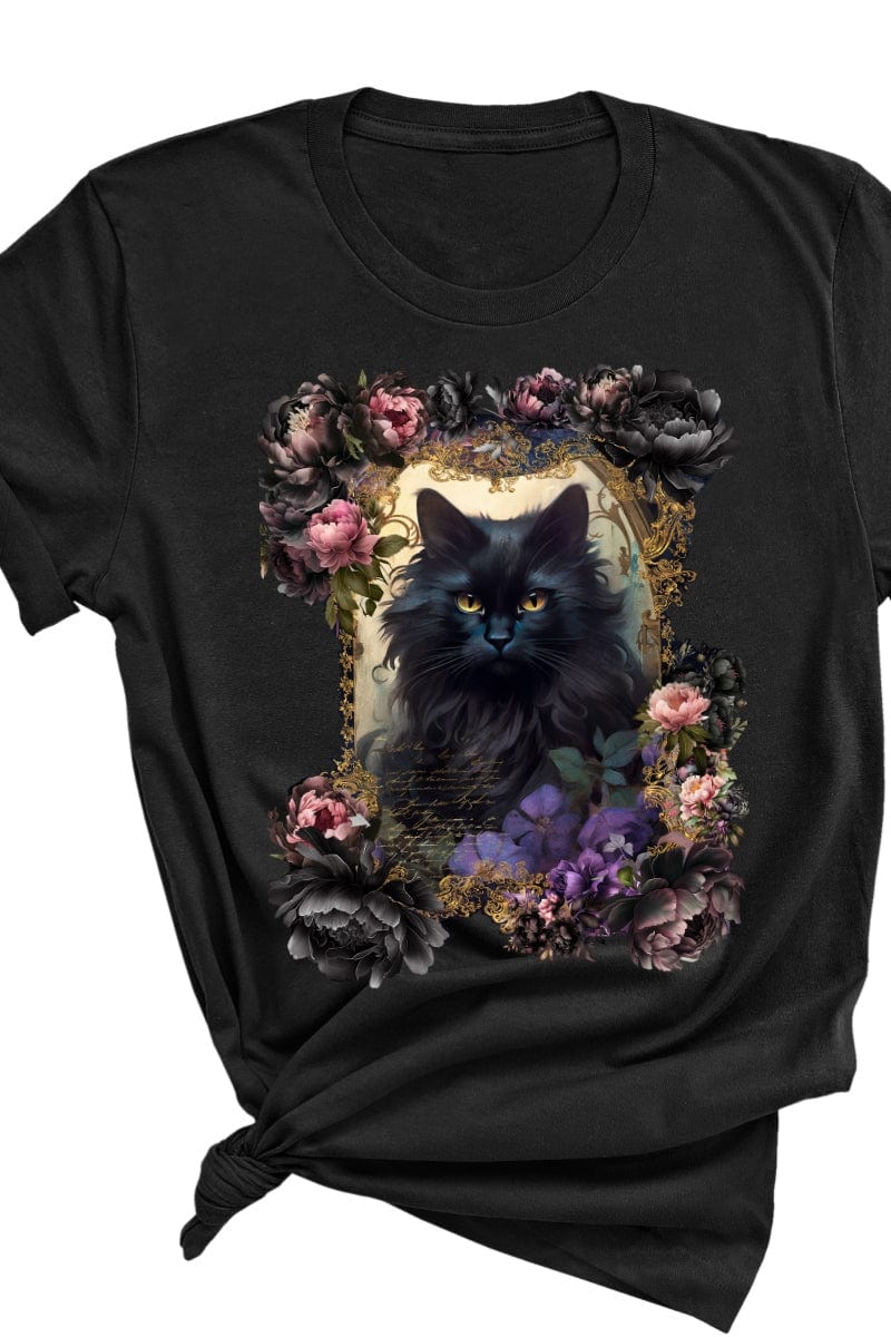 Black fluffy cat surrounded by a midnight garden of peonies and dark florals on a quality AS Colour Maple T-shirt from Gallery Serpentine