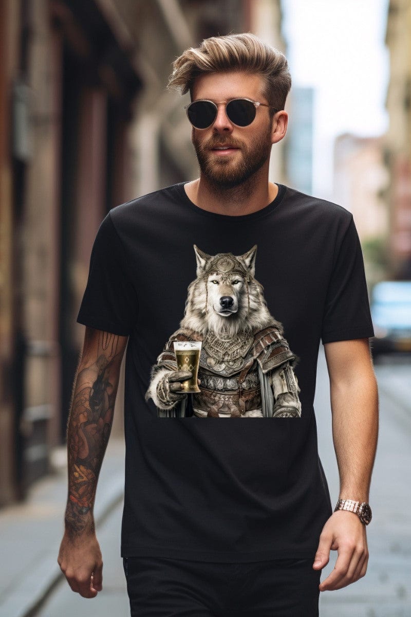 viking dog in full war armour drinking an ancient craft beer t-shirt