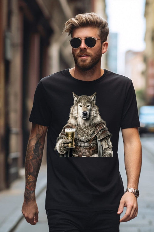 viking dog in full war armour drinking an ancient craft beer t-shirt