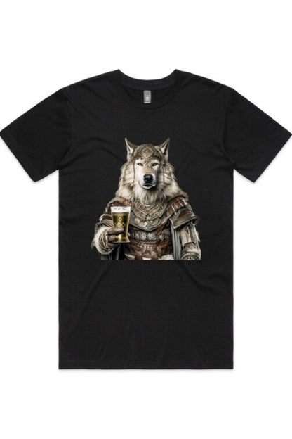 viking dog in full war armour drinking an ancient craft beer on an AS Colour 5001 t-shirt