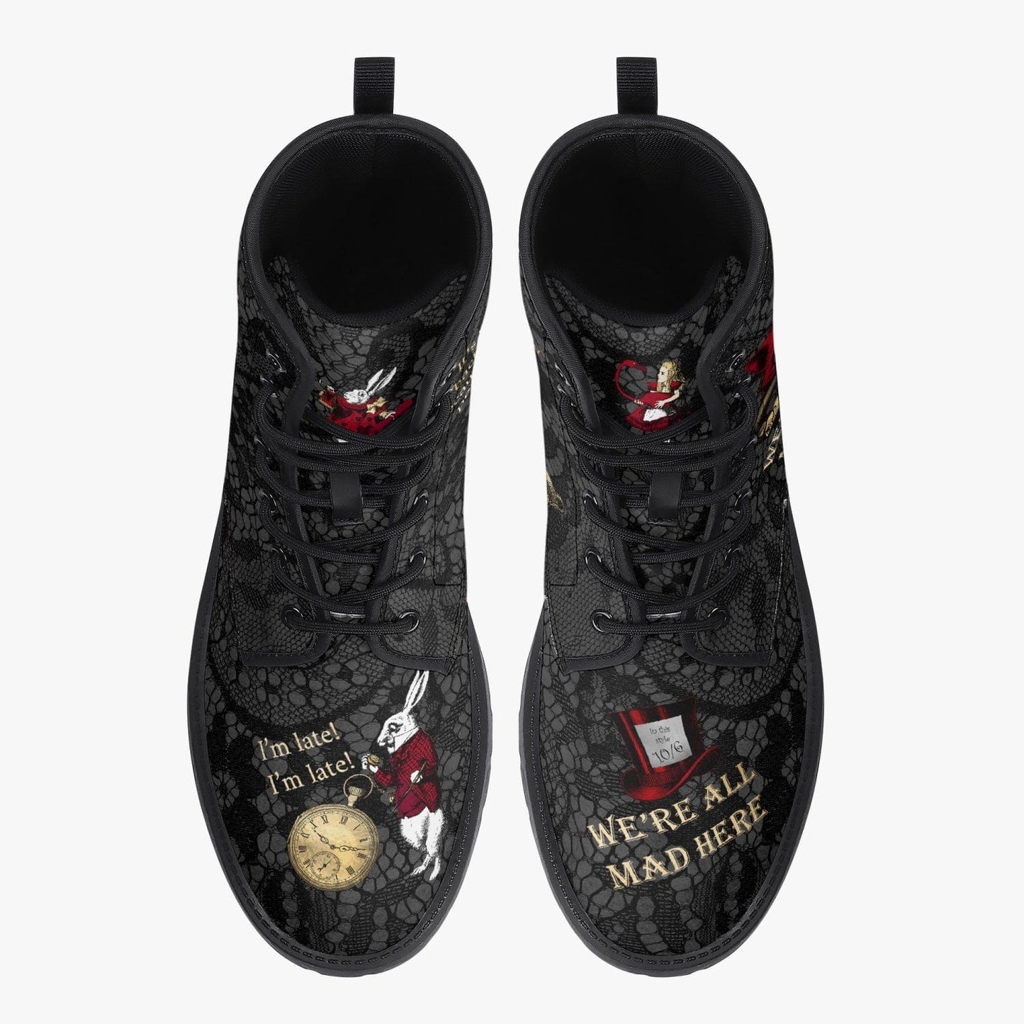 top view of the gothic Alice in Wonderland faux leather boots featuring a gothic lace background and Alice Quotes