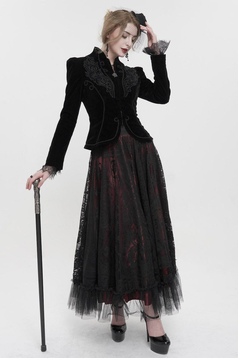 wedding guest at a gothic themed wedding wearing the Black velvet gothic victorian fitted women's jacket at Gallery Serpentine