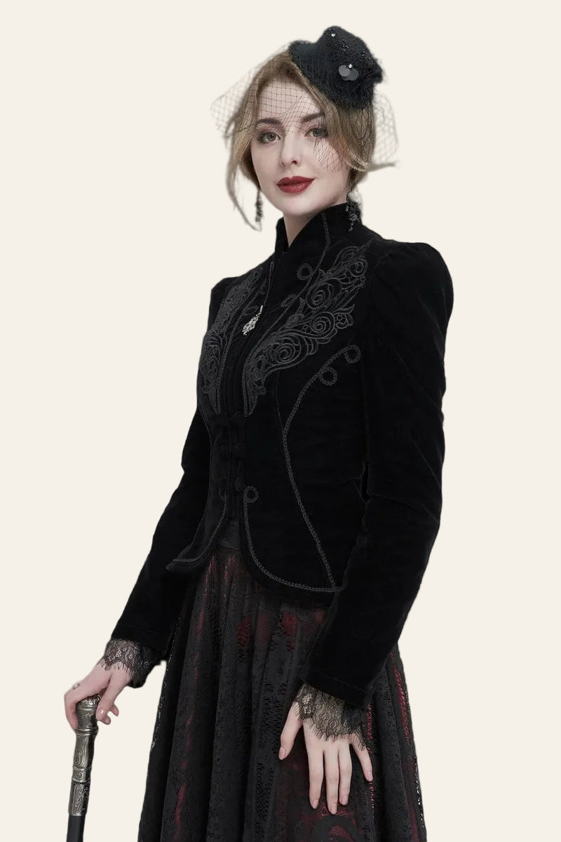 Black velvet gothic victorian fitted women's jacket at Gallery Serpentine