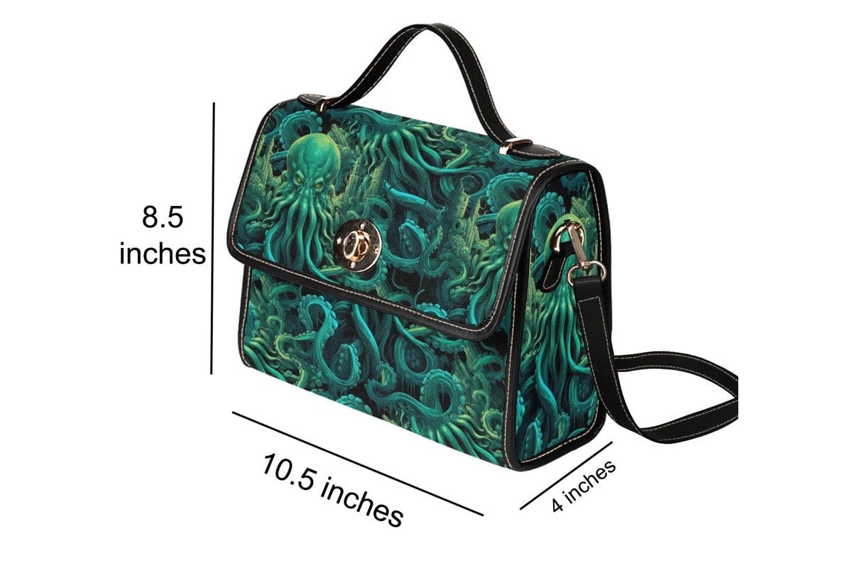 cthulhu dark green kraken satchel handbag showing the dimensions in text overlay