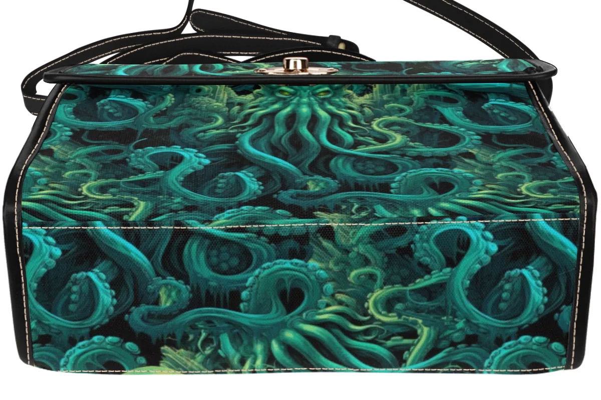 showing the bottom of the cthulhu dark green kraken satchel handbag