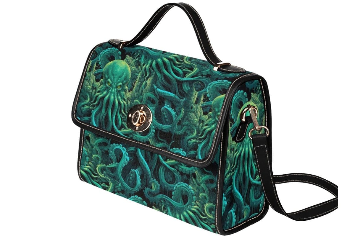 side front view showing the print in detail of the cthulhu dark green kraken satchel handbag
