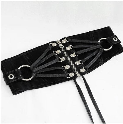 Vanta black sleek punk goth fetish zip and lace up belt with waxed cord and large O-ring detailing from Devil Fashion 1