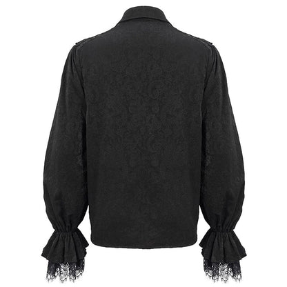 back view of the archetypal goth clubbing shirt in black embossed paisley with lace at cuffs and rows of black braid across the shoulders, features ornate domed buttons