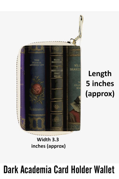 the dimensions of the Gothic literature card holder wallet featuring shakespeare and Poe book spines