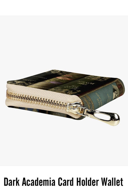 view of the zip of the Gothic literature card holder wallet featuring shakespeare and Poe book spines