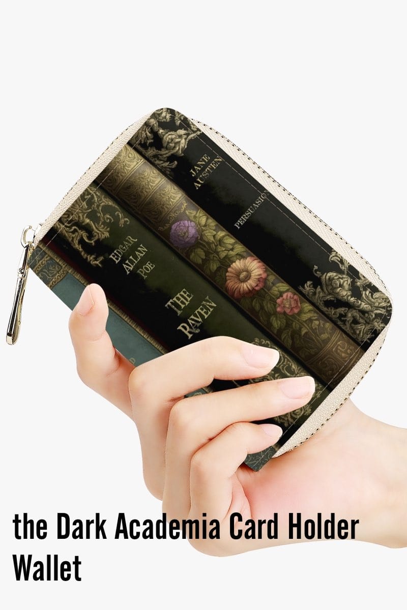 Gothic literature card holder wallet featuring shakespeare and Poe book spines