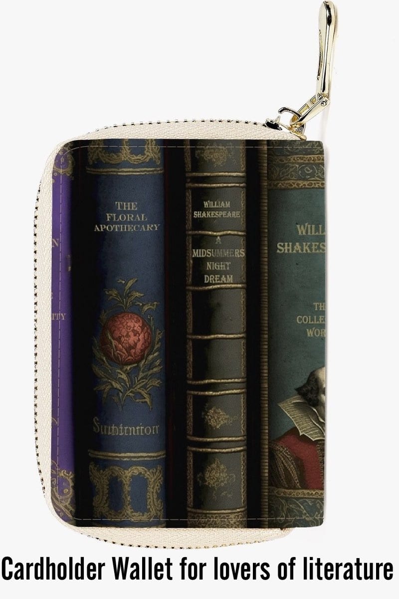 Gothic literature card holder wallet featuring shakespeare and Poe book spines for lovers of classic literature