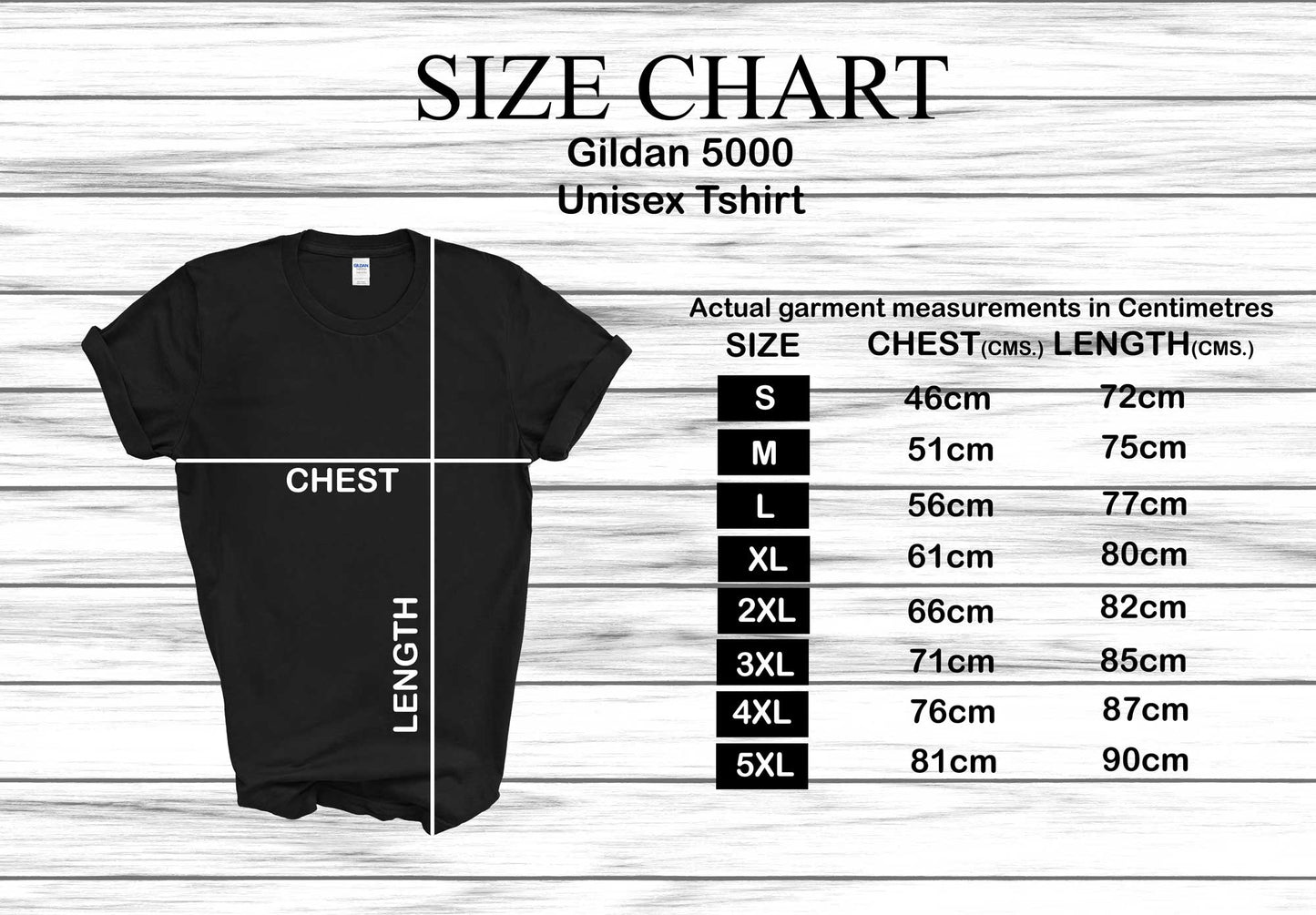 Gildan 5000 size chart in centimetres cms