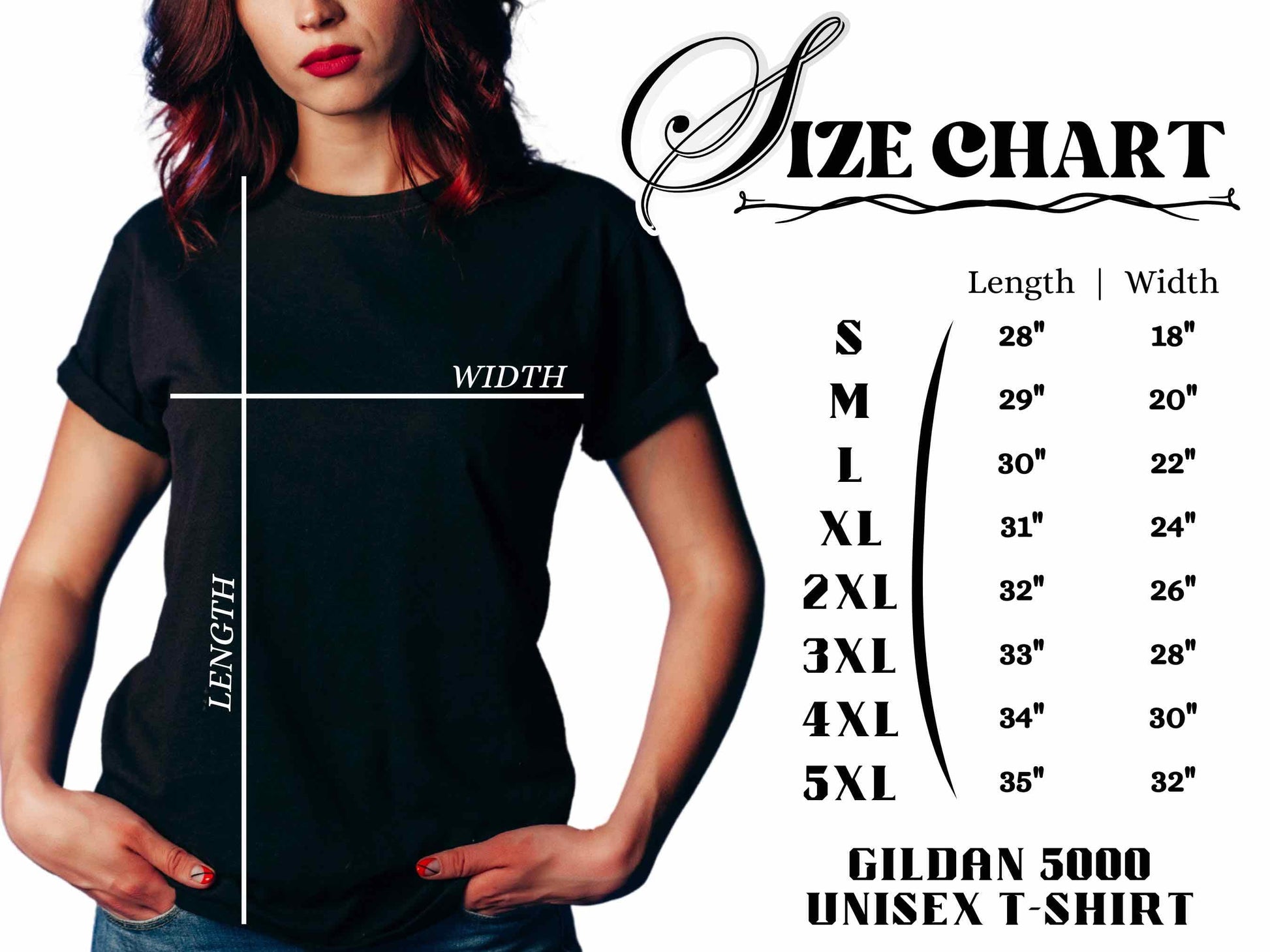 size chart for black gildan 5000 t-shirt in inches