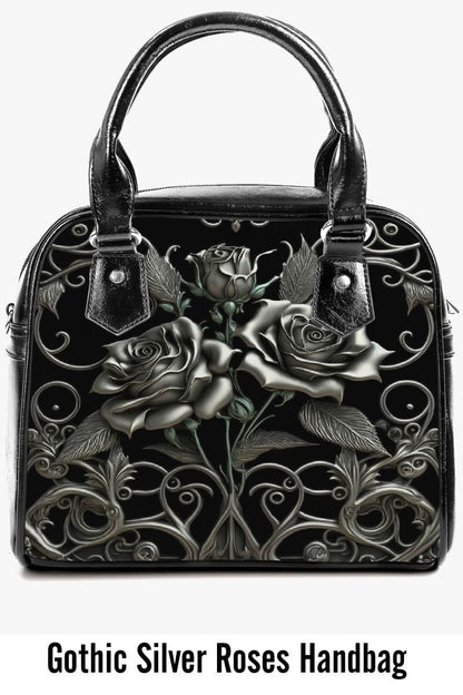 gothic silver filigree and roses printed handbag for goth woman