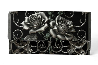 close up on the silver roses on the ornate baroque filigree custom printed clutch purse at Gallery serpentine