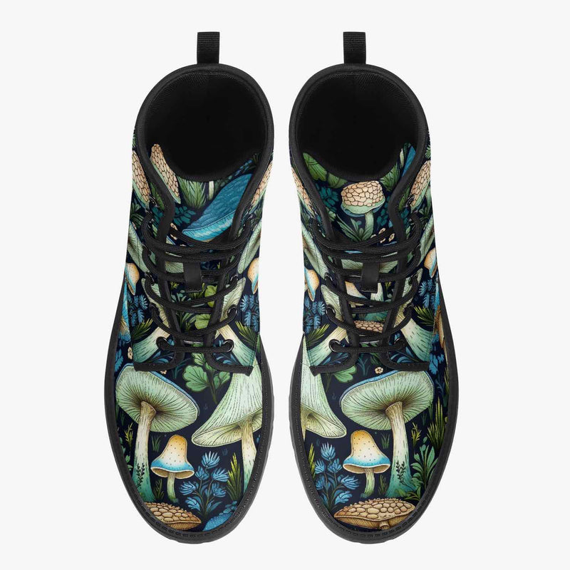 top down view of the Mushroomcore toadstool forest boots in blues and greens