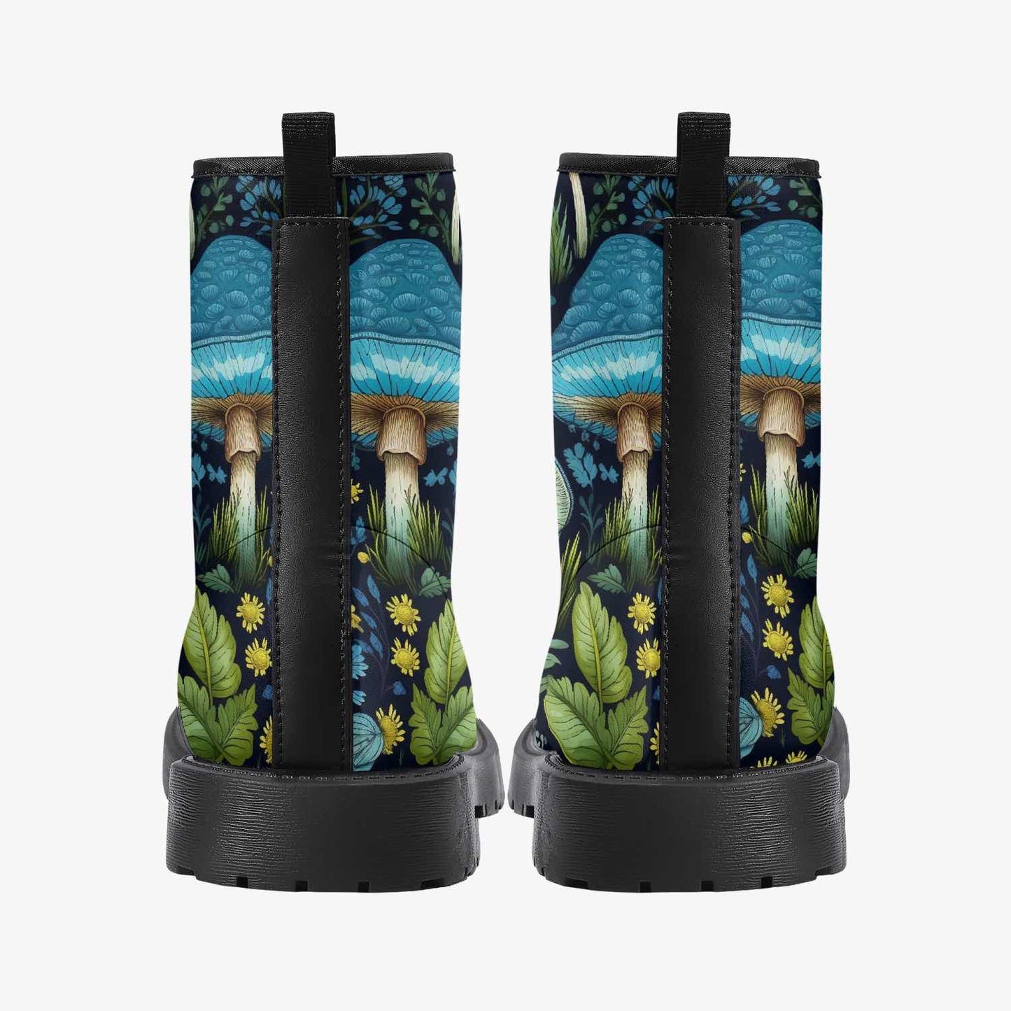 back view of the vegan Mushroomcore toadstool forest boots in blues and greens