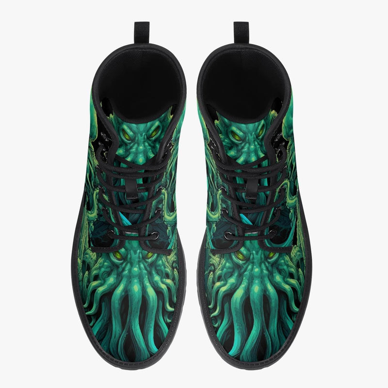 top view of the mighty deep vibrant green and black Cthulhu sea monster on vegan leather boots at Gallery Serpentine