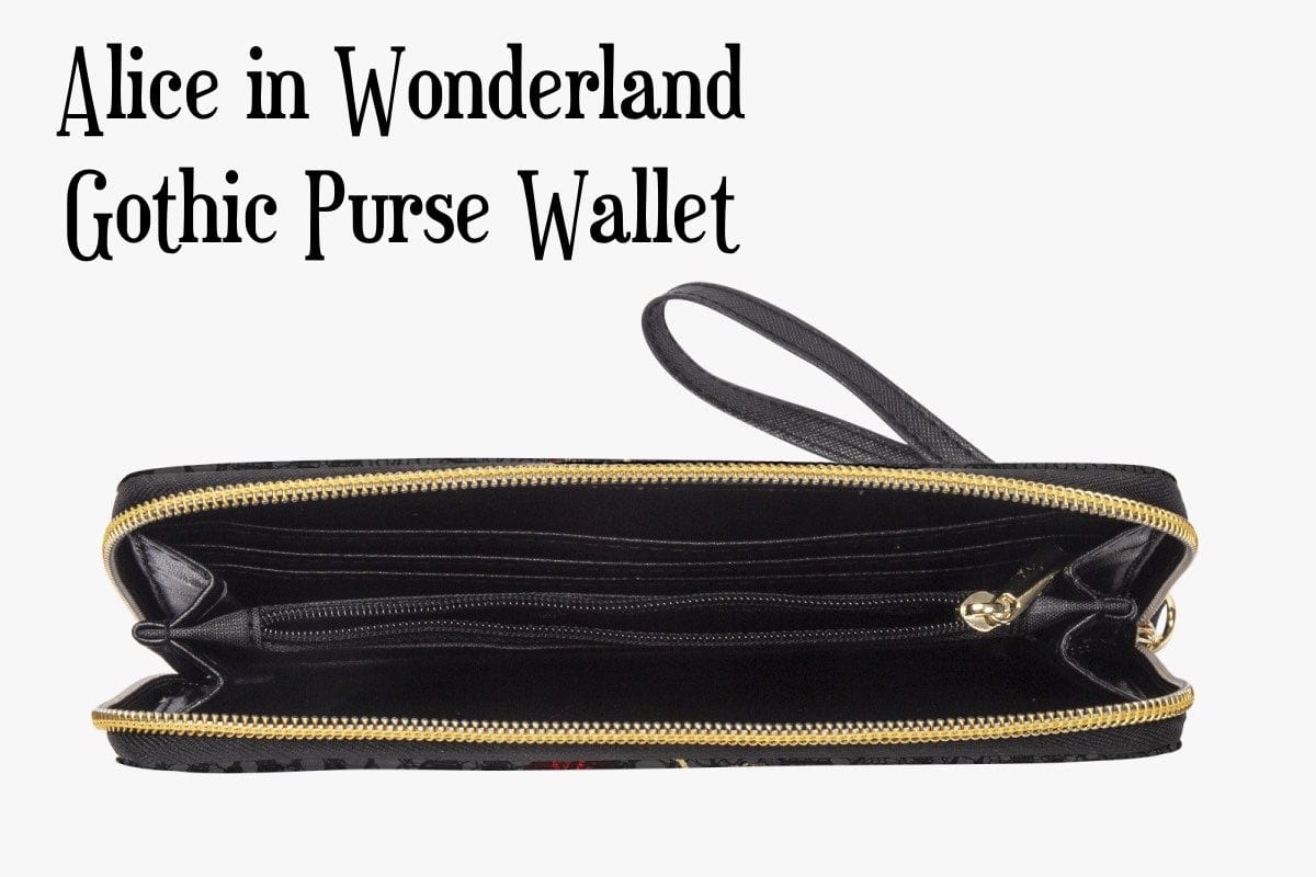 flat view of the  red gold and black alice in wonderland zipped purse wallet featuring the characters of the story on a black lace print background