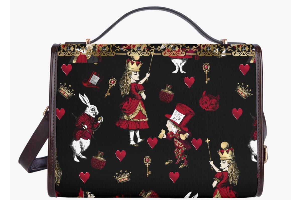 back view of the black red gold alice in wonderland gothic satchel handbag