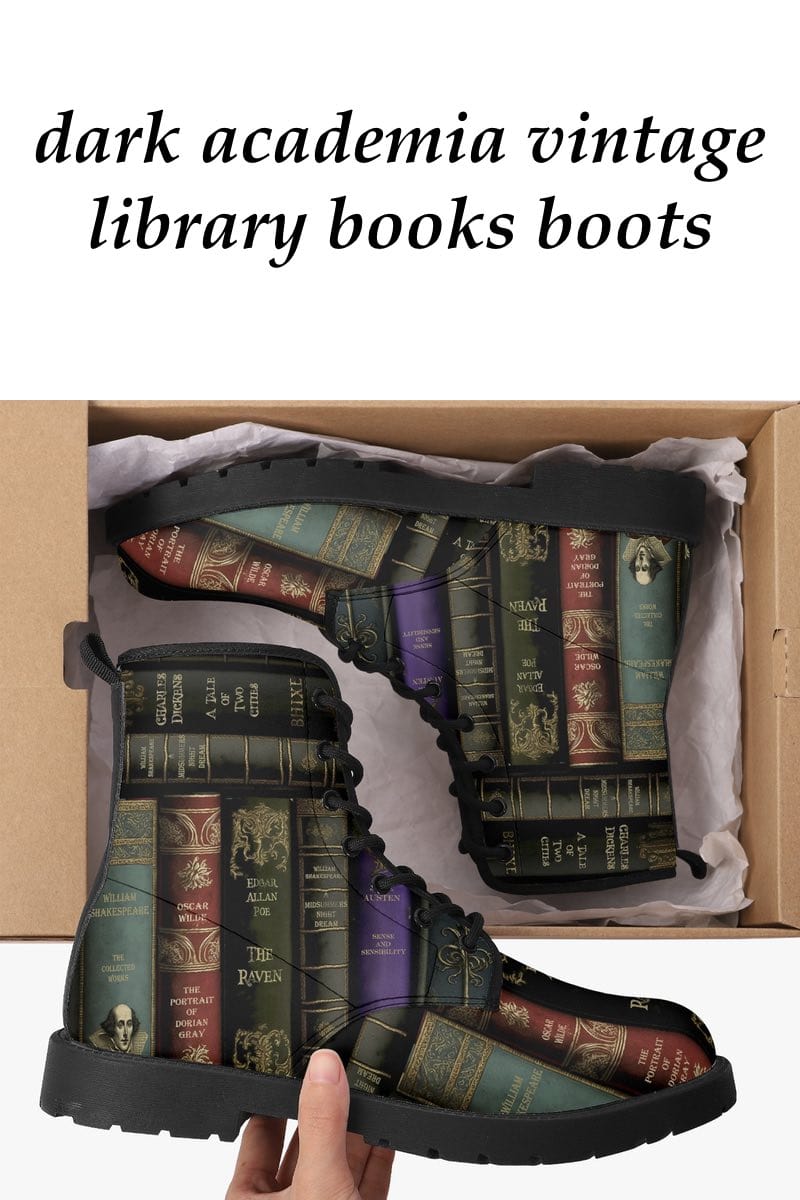 classic literature dark academia boots featuring the spines of books by Poe, Shakespeare