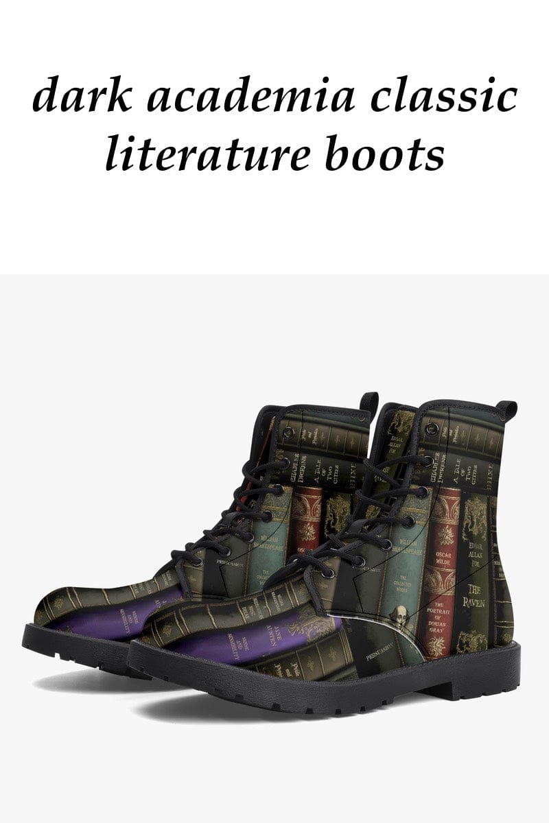 classic literature dark academia boots featuring the spines of books by Poe, Shakespeare 1