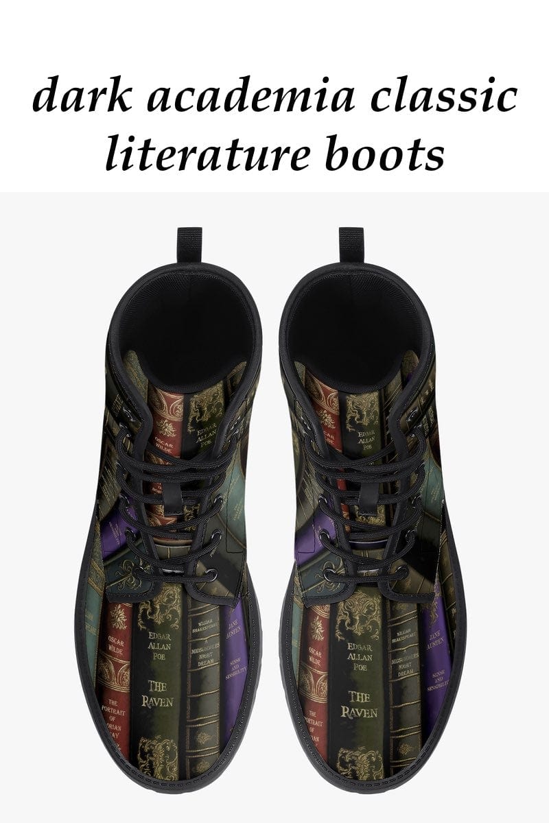 classic literature dark academia boots featuring the spines of books by Poe, Shakespeare 2