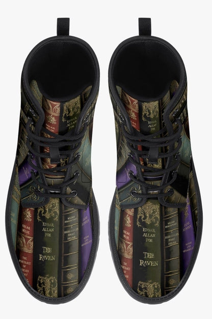 classic literature dark academia boots featuring the spines of books by Poe, Shakespeare 3