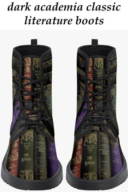 classic literature dark academia boots featuring the spines of books by Poe, Shakespeare 4