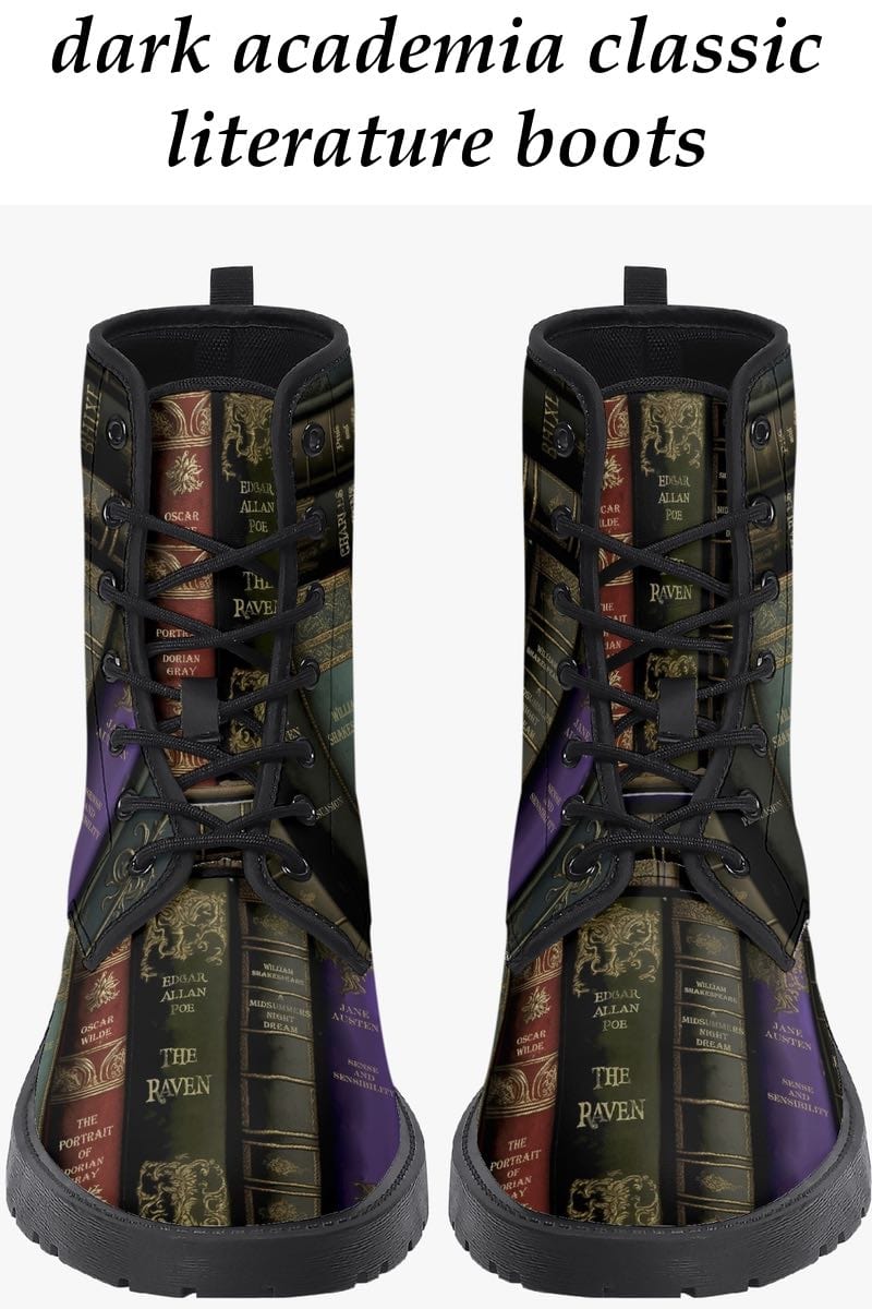 front view with boot name overlaid showing the spines of Poe, Shakespeare, Wilde books printed on the dark academia classic literature boots