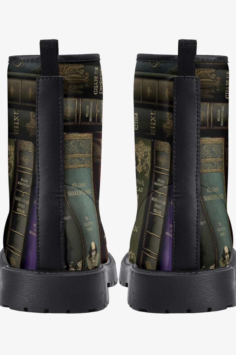 classic literature dark academia boots featuring the spines of books by Poe, Shakespeare 5