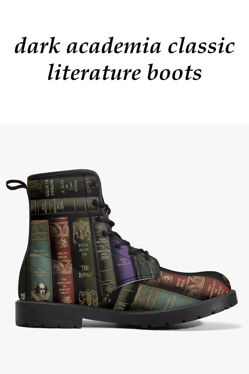 classic literature dark academia boots featuring the spines of books by Poe, Shakespeare 6