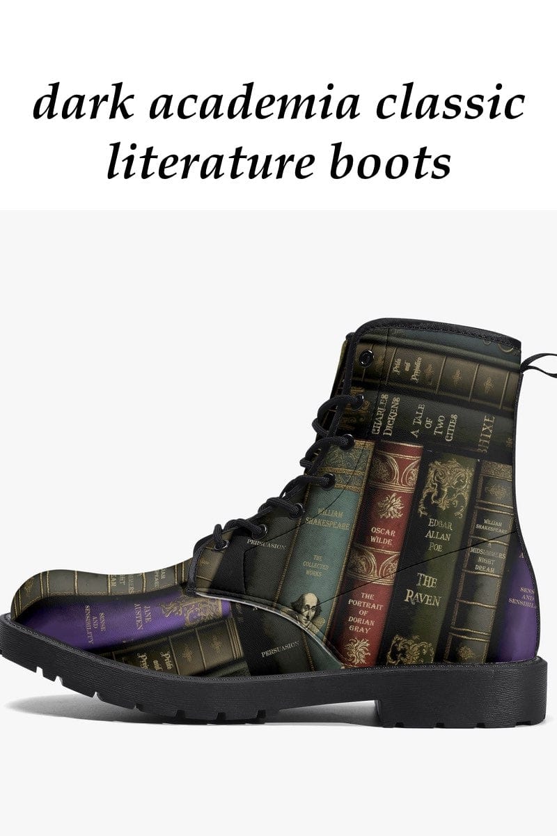 classic literature dark academia boots featuring the spines of books by Poe, Shakespeare 7