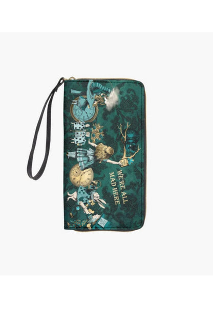 vertical view of the dark green Alice in Wonderland pu zipped wallet purse featuring the Cheshire cat, Alice, White Rabbit and the Mad Hatter