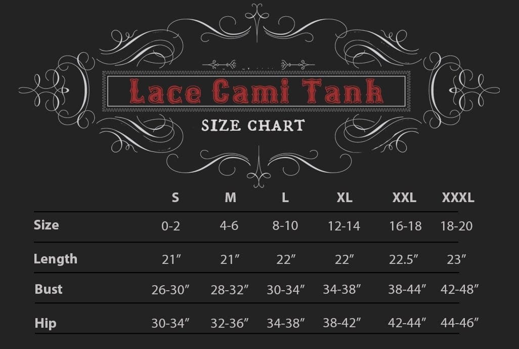 size chart for the Lace trimmed Cami Tank top from Se7en Deadly now available at Gallery Serpentine