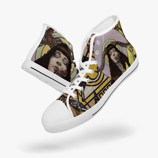 Power Priestess white retro high top sneakers featuring Shamanistic art nouveau graphics from the Blood on the Clocktower story teller editions