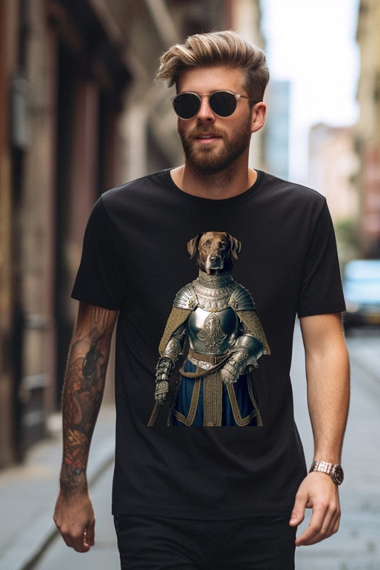 guy wearing a medieval dog knight t-shirt