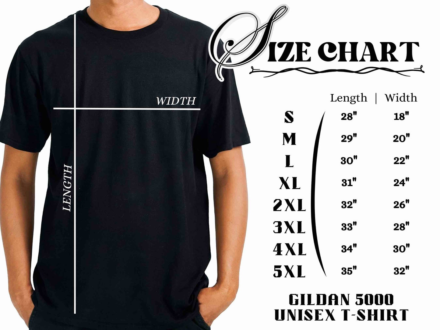 size chart for Gildan 5000 mens t-shirt in inches