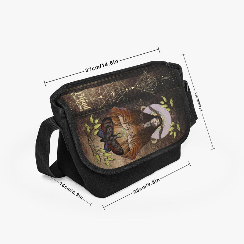 Power Priestess Messenger Bag, Amber coloured artwork. Premium padded canvas, unisex cross body bag for Blood on the Clocktower players. Showing dimensions of the bag