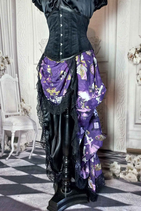 victorian bustle high low skirt made from custom designed purple alice in wonderland fabric