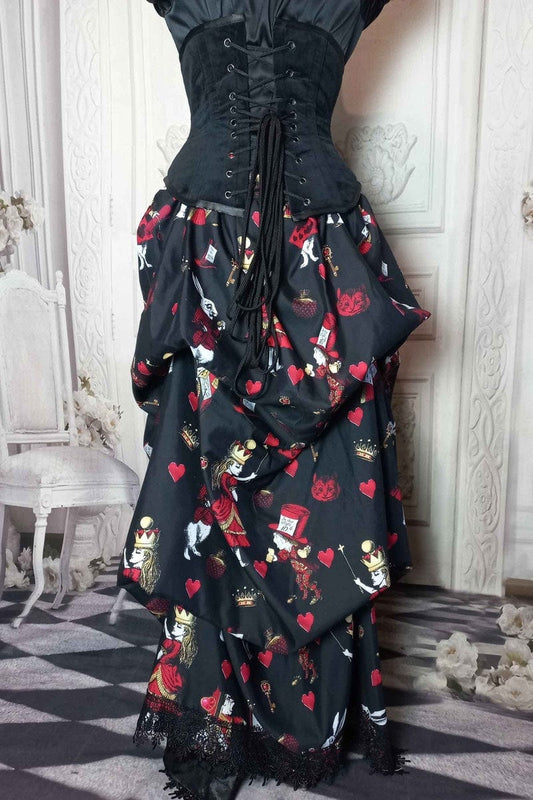 Draping queen of hearts Alice in Wonderland victorian high low bustle skirt in black, red and gold from Gallery Serpentine