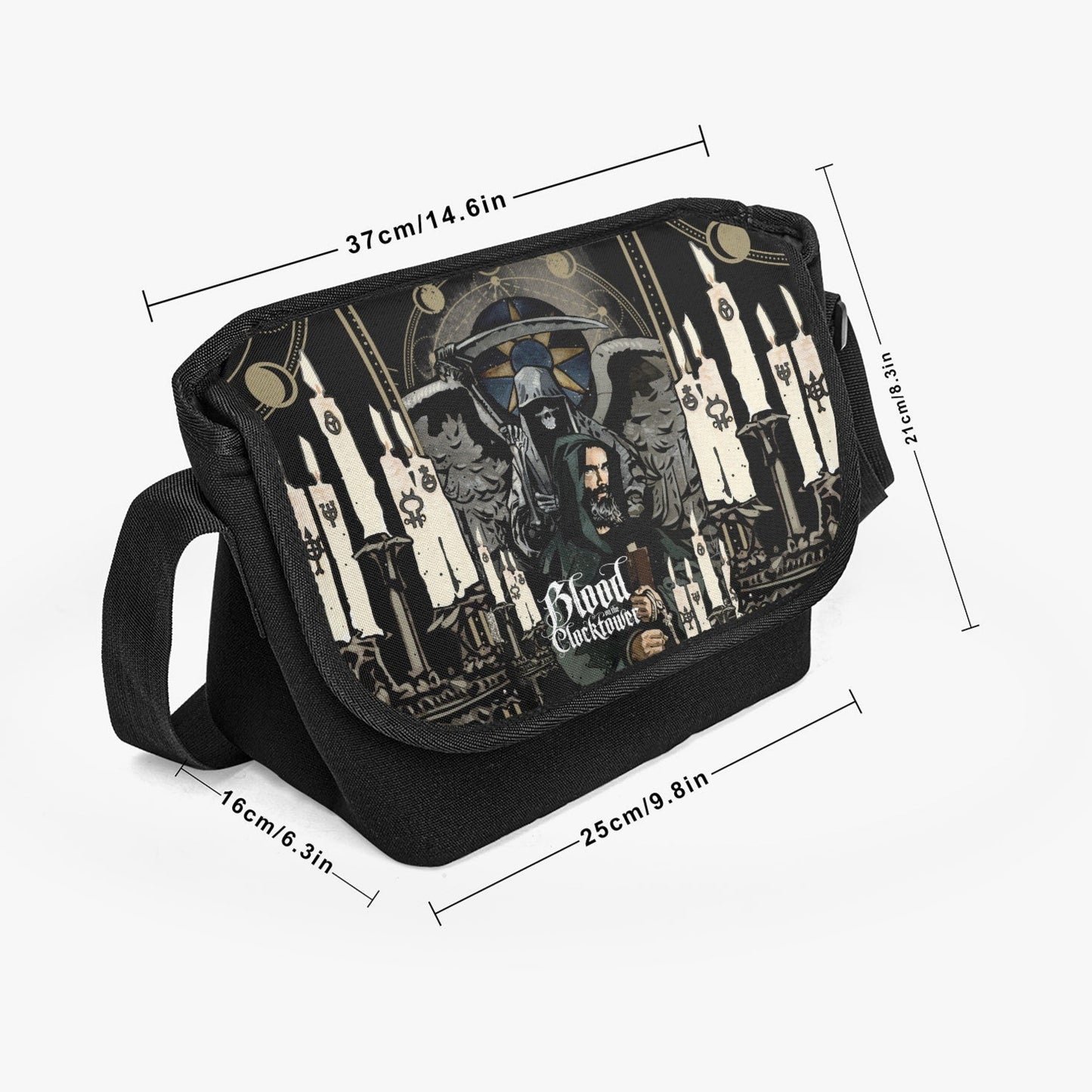 Reaper Messenger bag showing the dimensions of the bag for Blood on the Clocktower gamers