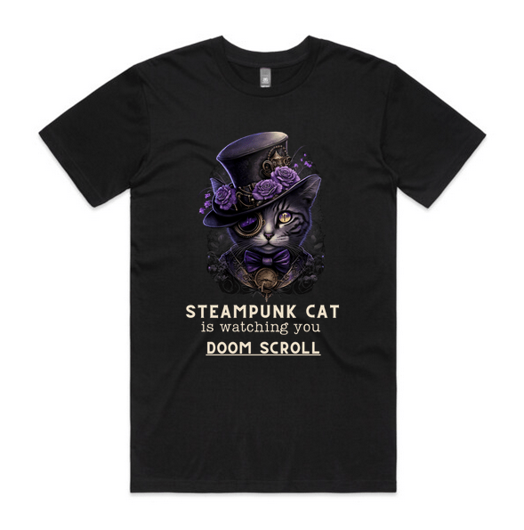 Steampunk Cat is Watching You Doom Scroll - Men's AS Colour, Staple Crew Tee